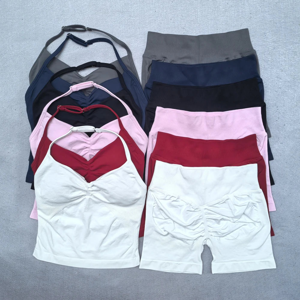2 Pieces Seamless Yoga Set Workout Clothes Shorts Sets Adjustable Longline Strappy Top Scrunch Shorts Yoga Clothing Gym Set